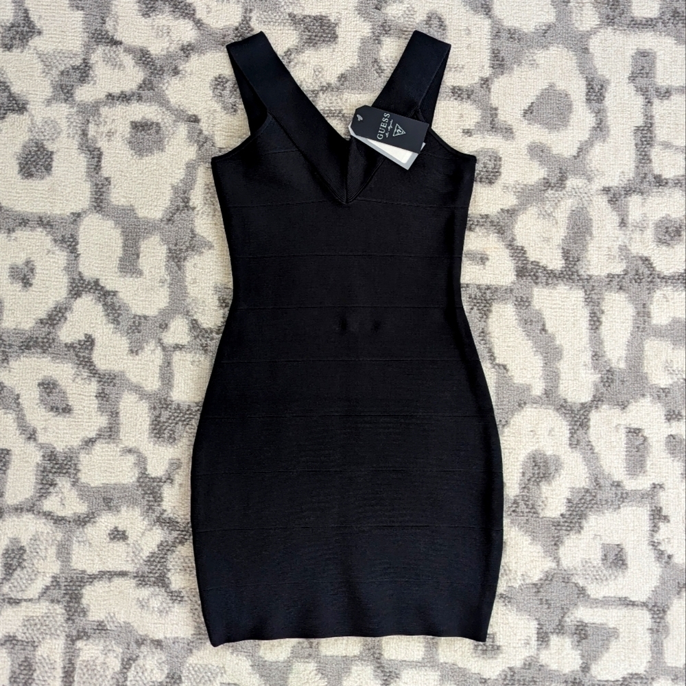 Guess Black Ribbed Bodycon Mini V-neck Dress Size XS NEW WITH TAGS
